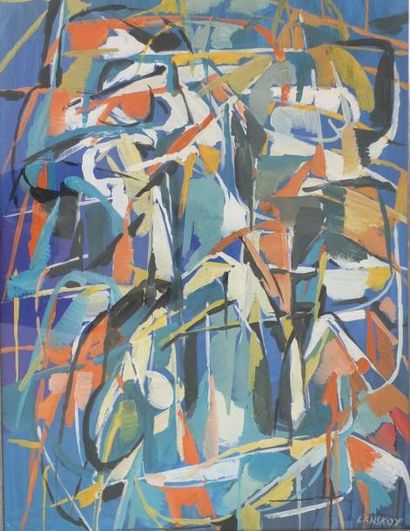 null LANSKOY André-( 1902-1976) Composition abstraite sur fond bleu nuit - Gouache...