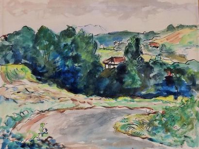 null MAINSSIEUX Jean- Paysage vallonné- Gouache signée en bas à droite 32X41cm