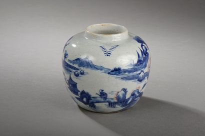 null Pot globulaire à fond plat et petit col en porcelaine décoré en bleu cobalt...