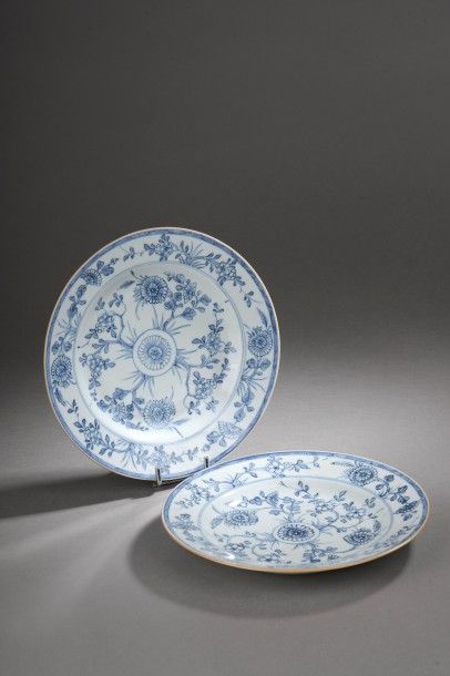 null Paire d'assiettes en porcelaine blanche décorée de motifs floraux en bleu cobalt...
