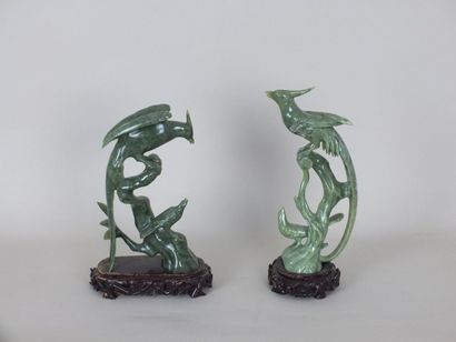 null Deux oiseaux en Serpentine sculptée en ronde bosse - CHINE -28cm