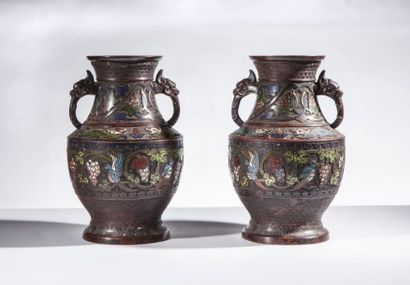 null Paire vases à décors de motifs géométriques en bronze cloisonné polychrome-...