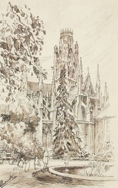 null LECOMTE Louis (XXème)- Cinq dessins représentant la cathédrale de Rouen- Aquarelle,...