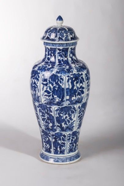 Arts d'Asie Paire de vases balustre couverts en porcelaine blanche décoré en bleu...
