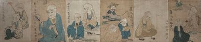 Arts d'Asie Deux encadrements illustrant les dix huit lohan brodés sur coton. Chine....