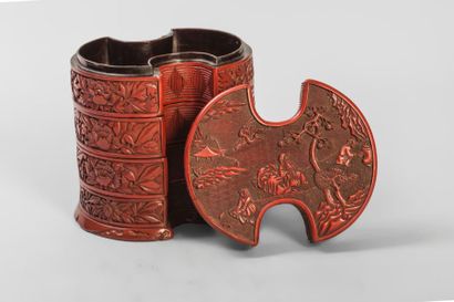 Arts d'Asie Boîte gigogne en forme de monnaie en laque Cinabre illustrée sur le couvercle...