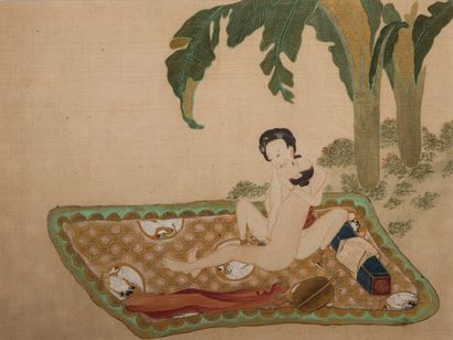 Arts d'Asie Suite de trois peintures érotiques illustrant des couples en action....