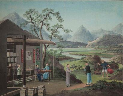 Arts d'Asie Paire de peintures illustrant la récolte du thé. Pigments polychromes...