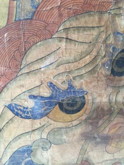 Arts d'Asie Peinture Taoïste illustrant un sage accompagné d'attendants et d'un dragon....