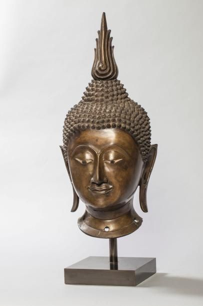 Arts d'Asie Tête de Buddha à l'expression sereine coiffée de larges bouclettes surmontée...
