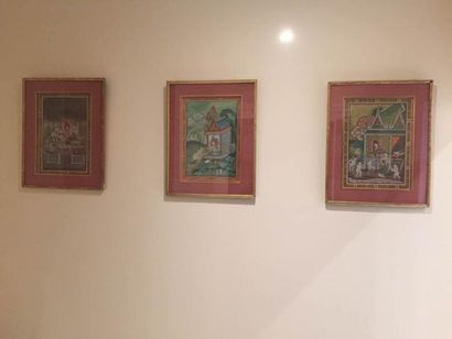 Arts d'Asie Suite de trois peintures illustrant des scènes légendaires du Ramayana....