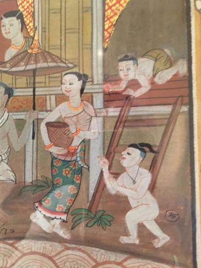 Arts d'Asie Suite de trois peintures illustrant des scènes légendaires du Ramayana....