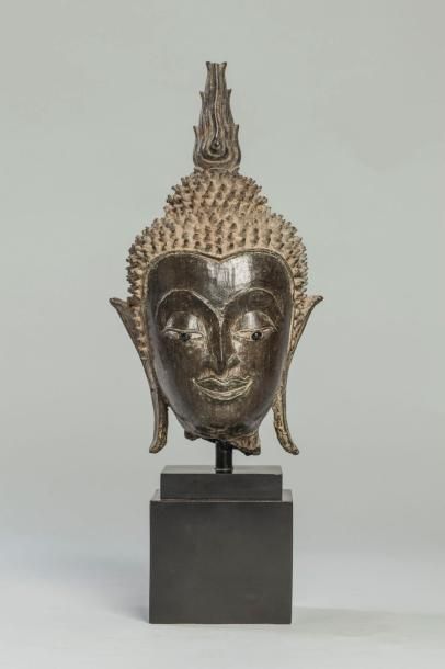 Arts d'Asie Tête de Buddha à l'expression sereine coiffée de fines bouclettes, surmontée...