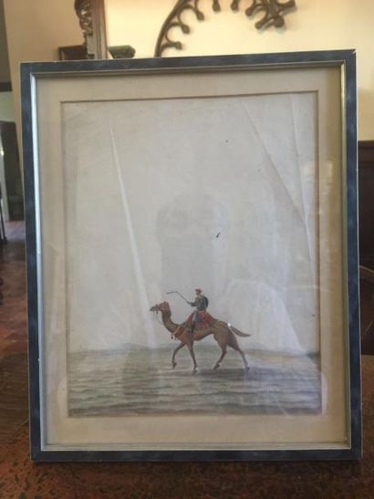 Arts d'Asie Peinture illustrant un Prince Rajput sur un dromadaire dans le désert....