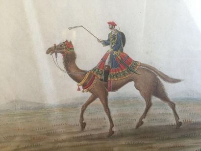 Arts d'Asie Peinture illustrant un Prince Rajput sur un dromadaire dans le désert....