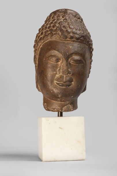 Arts d'Asie Tête de Buddha coiffée de larges bouclettes surmontée de la protubérance...
