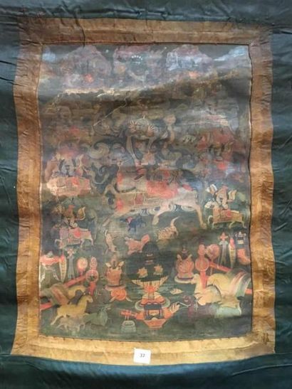 Arts d'Asie Tanka , Lhamo sur sa mule entouré d'un panthéon de divinités et dharmapalas....