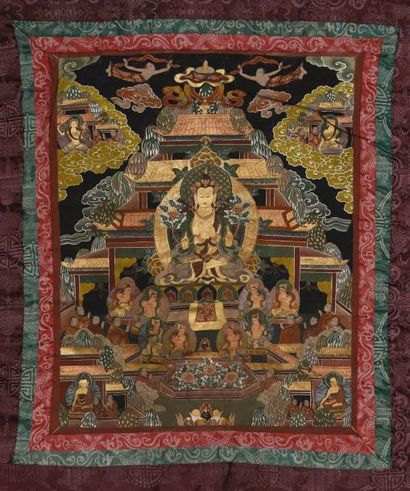 Arts d'Asie Tanka illustrant le paradis du Boddhisattva Padma Pani Lokeshavara assis...