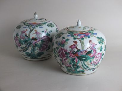 Arts d'Asie Paire de pots globulaires couverts en porcelaine famille rose à décor...