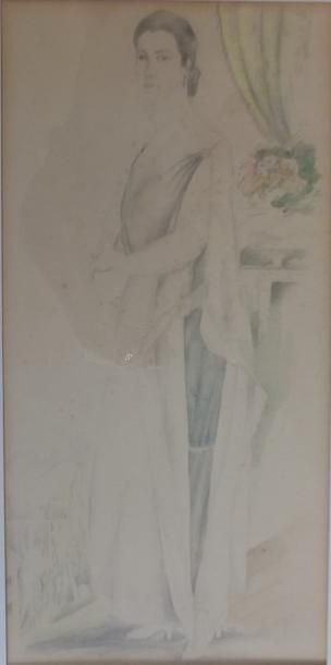 TABLEAUX LURCAT Roxane- Portrait d'une élégante- Dessin aquarellé- 50 x 24 cm
