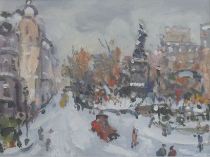 MALLE Charles Malle, né en 1935. Paris sous la neige, huile sur papier sous verre,...