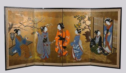 null Paravent "Makura Byobu" à 4 feuilles illustré d'une assemblée de geishas en...