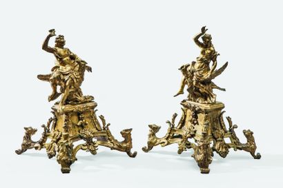 null Paire de chenêts Régence en bronze doré représentant Zeus et Hera chevauchant...