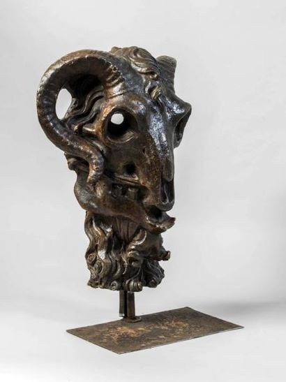 null Bucrane en bronze sculpté à patine sombre, Socle en bois tourné. XIXème siècle...