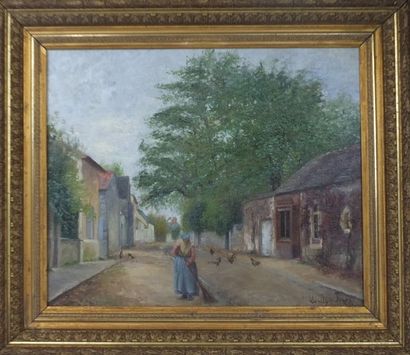 null John Llewelyn JONES (1870-1927), Rue à Barbizon, Huile sur toile, signée en...