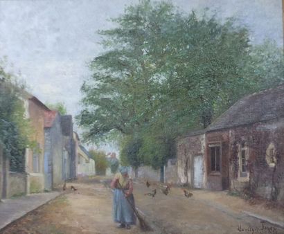 null John Llewelyn JONES (1870-1927), Rue à Barbizon, Huile sur toile, signée en...