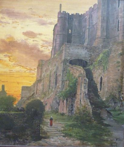 null Gustave NOËL (1823-1881) Donjon du Mont Saint-Michel, Peinture sur carreau de...