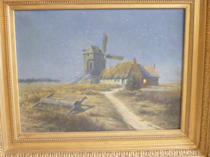 null Armand GUERY (1850-1912)- Moulin de nuit aux environs de Reims - Huile sur toile...