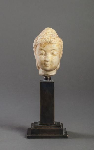 null Petite tête de Buddha coiffée de larges boucles et surmontée de la protubérance...