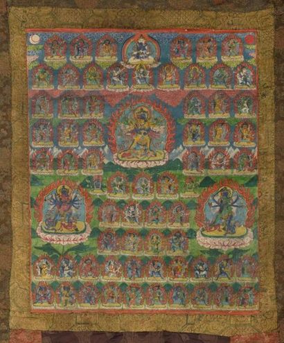 null Tangka illustrant soixante dix Boddhisattvas et divinités bouddhistes. Inscription...