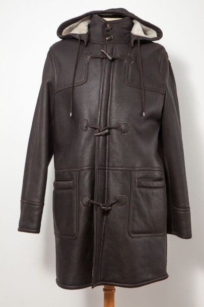 null Duffle-coat Homme zippé en envers cuir marron et Mouton ivoire, simple boutonnage...