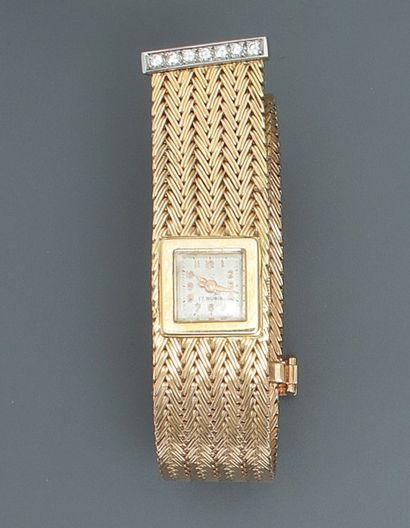 null Elégant bracelet montre en or jaune pressé, 750 MM, lunette carrée, fond crème,...