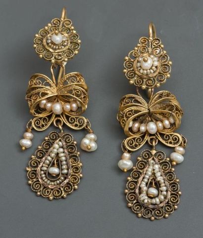 null Pendants d'oreilles en or jaune, 585 MM, ornés de petites perles baroques, longueur...