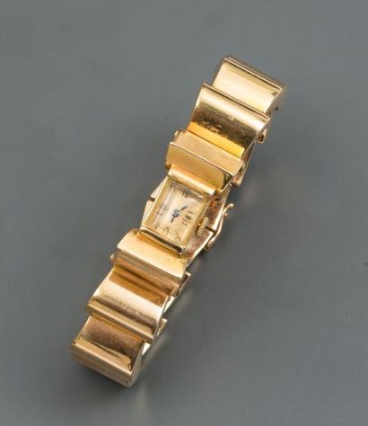 null Joli bracelet montre de dame en or jaune, 750 MM, lunette rectangulaire , fond...