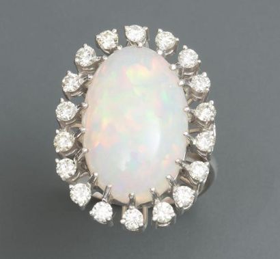 null Bague en or gris, 750 MM, centrée d'une opale cabochon finement bordée de diamants,...