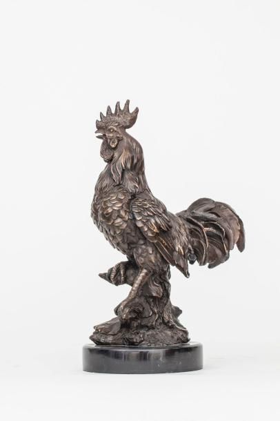 null Antoine-Louis BARYE (1796-1875)- Coq- Epreuve d'édition en bronze à patine brune...