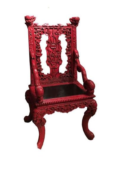 null Paire d'étonnants fauteuils à haut dossier plat Laqué rouge cinabre incorporant...