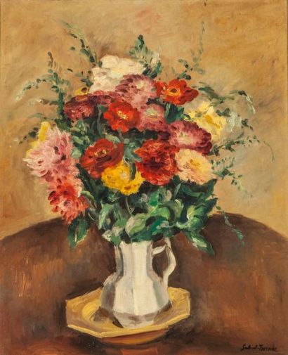 null Gabriel FOURNIER (1893-1963)-Bouquet de dahlias rouges-Huile sur toile, signée...