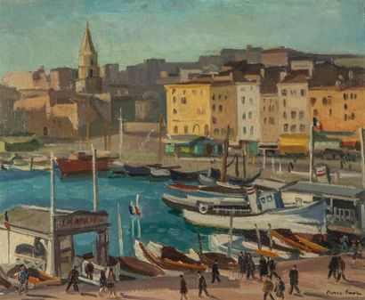 null Pierre FAVRE (1906-1983)-Marseille, Le vieux port -Huile sur toile, signée en...