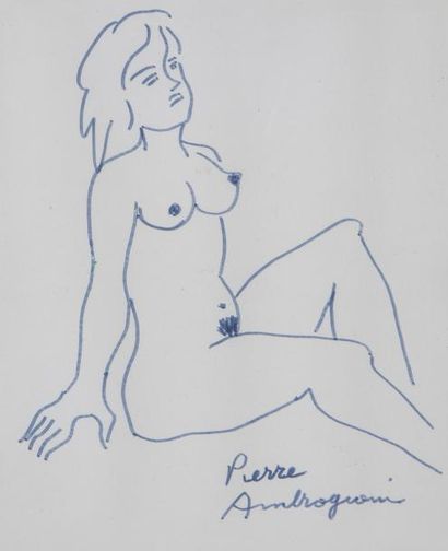 null Pierre AMBROGIANI (1907-1985)-Nu assis- Dessin à l'encre bleue, signé en bas...