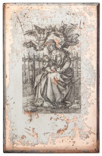Baldus d'après Dürer La Vierge et l'enfant couronnés par deux anges.
Cuivre aciéré,...