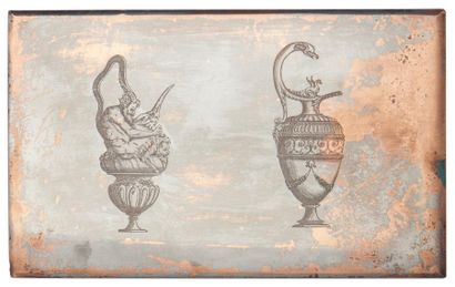 Baldus et Androuet du Cerceau Deux modèles de vases verseurs
Cuivre aciéré, 180x291...