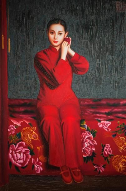 null Portrait d'une jeune femme assise. Huile sur toile. Chine. Contemporain. 92cmx...