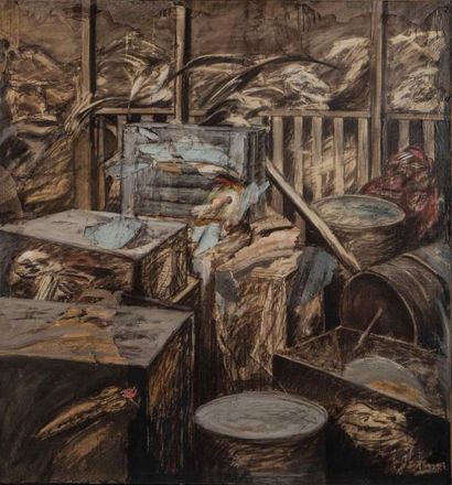  David Chambard (1950- ): "6 fûts, 6 caisses", acrylique sur toile , 1984, 150 x...