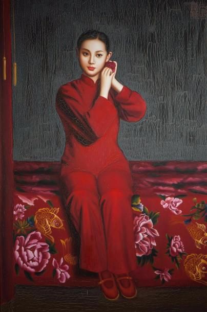 null Portrait "A la Fleur", de jeune beauté chinoise assise, acrylique sur toile,...