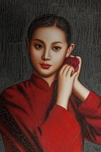 null Portrait "A la Fleur", de jeune beauté chinoise assise, acrylique sur toile,...
